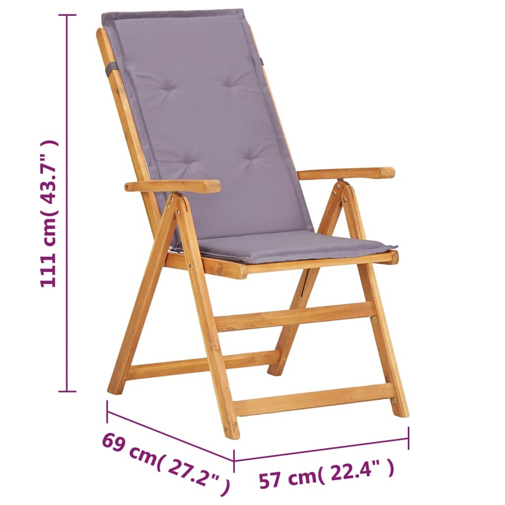 Two brown solid acacia wood reclining patio chairs for outdoor seating by American Smart WB, shown outdoors with cushions.