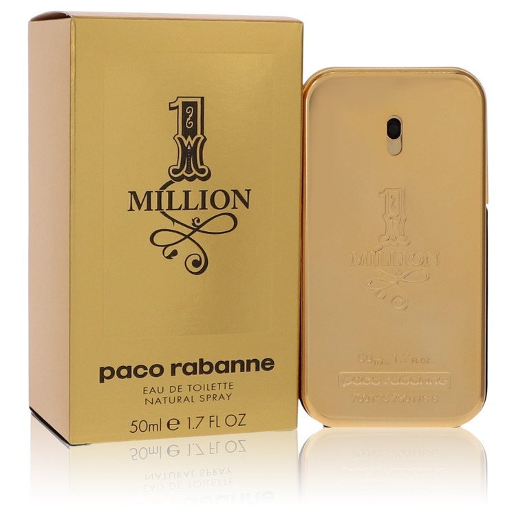 Paco Rabanne 1 Million Eau De Toilette spray for men, 1.7 oz bottle with gold design, sleek and luxurious packaging.