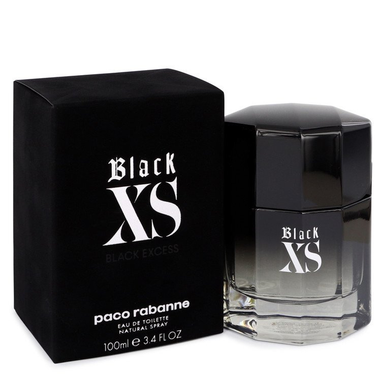 Black XS Paco Rabanne Eau De Toilette spray for men, 3.4 oz, featuring new packaging with the classic black bottle and silver cap.