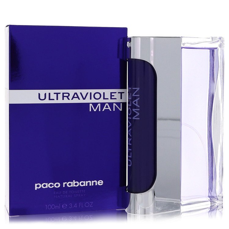 Paco Rabanne Ultraviolet Eau De Toilette spray for men, 3.4 oz, with sleek bottle design and vibrant purple accents.