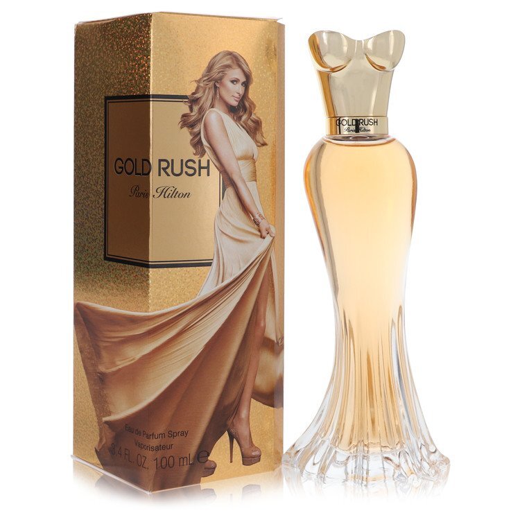 Paris Hilton Gold Rush Eau De Parfum spray for women, 3.4 oz, featuring a luxurious gold-colored bottle and elegant design.