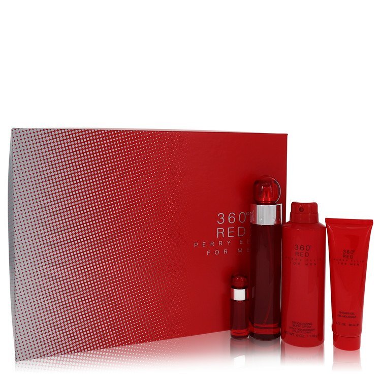 Perry Ellis 360 Red gift set for men includes 3.4 oz Eau De Toilette, mini EDT, 6 oz body spray, and 3 oz shower gel