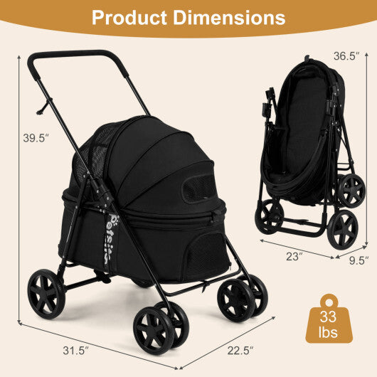 Black foldable pet stroller for small to medium dogs with canopy, one-step rear brake, by American Smart WB.