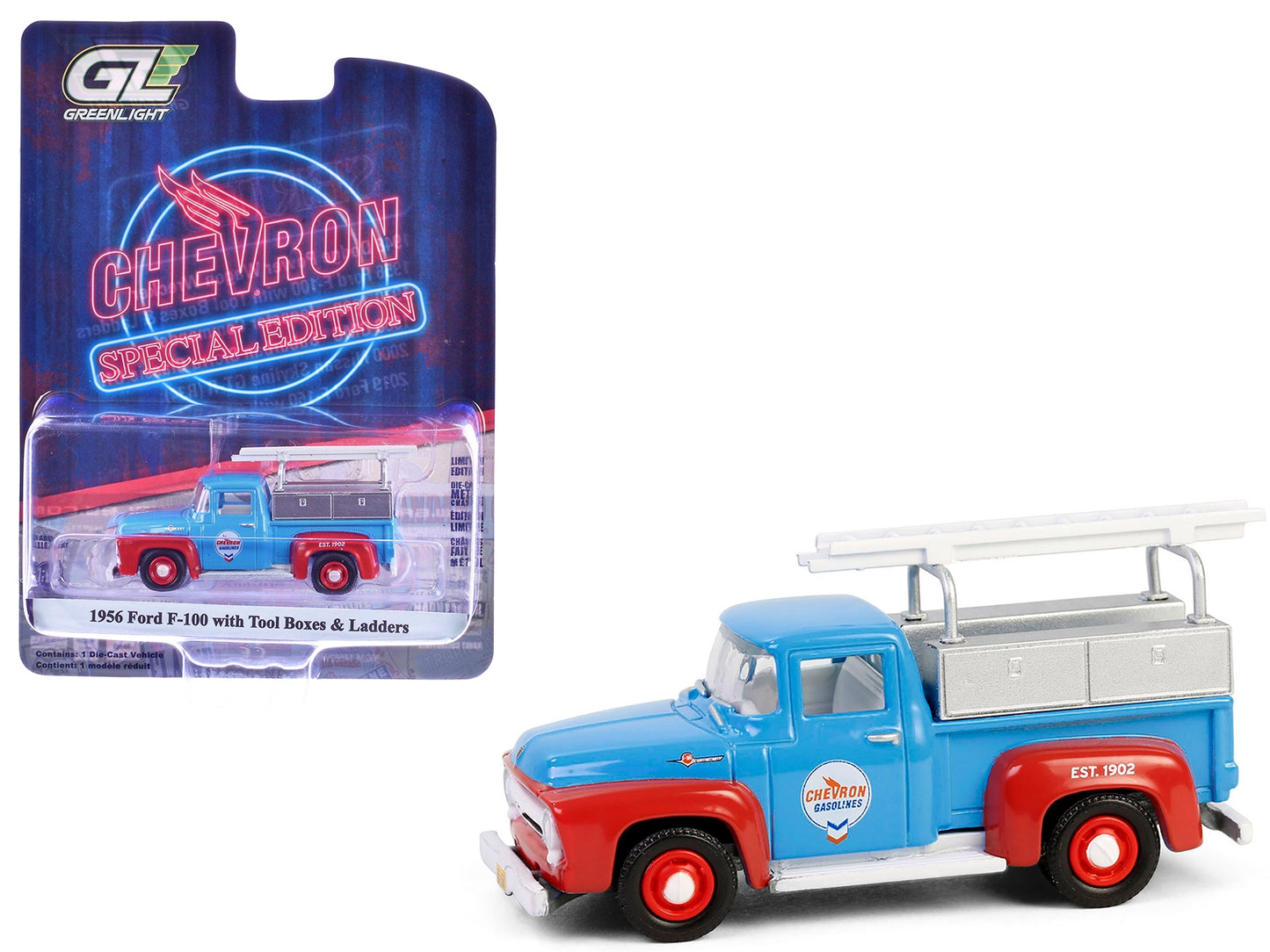 Greenlight 1/64 scale Chevrolet F-100 pickup truck diecast model with tool boxes and ladders, blue and red Chevron Special Edition.