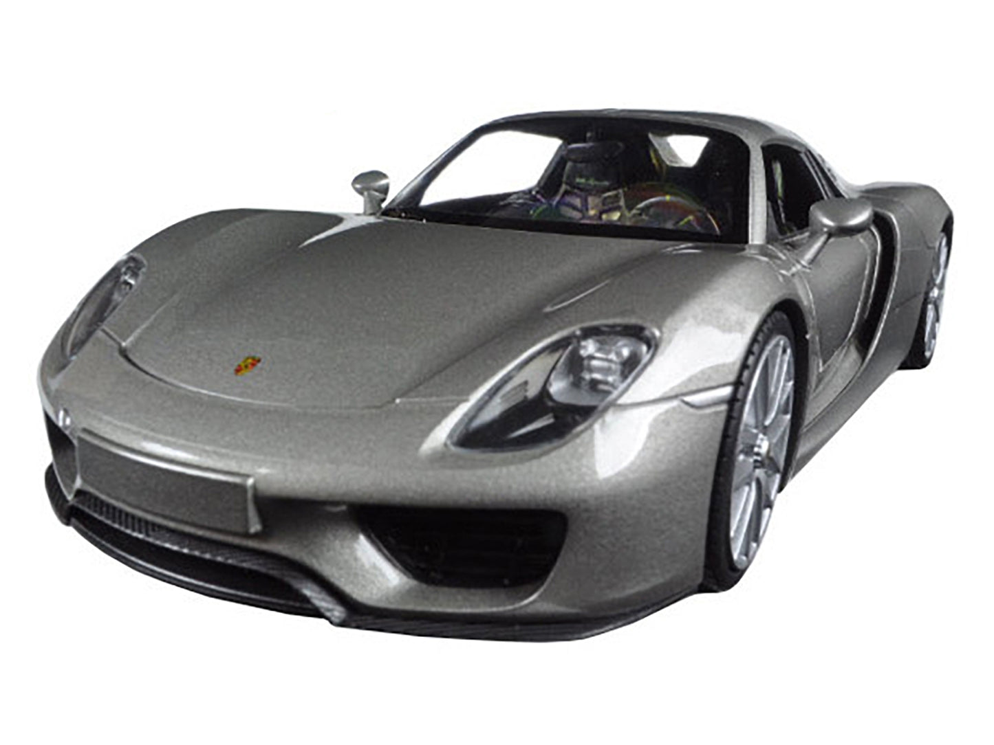 Silver Porsche 918 Spyder diecast model car by Welly, detailed 1/24 scale Porsche model with closed roof and realistic features.