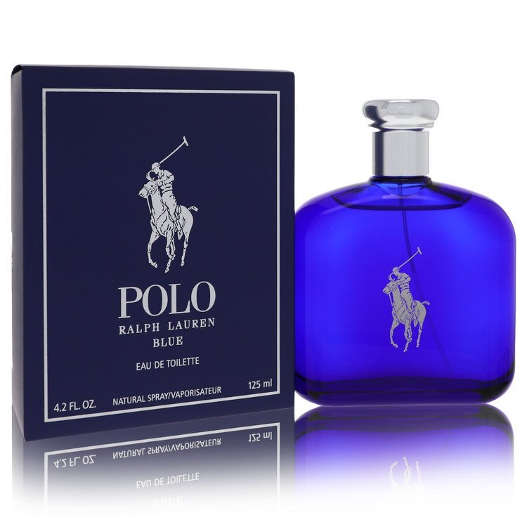 Ralph Lauren Polo Blue Eau De Toilette spray for men, 4.2 oz, with a sleek blue bottle and Ralph Lauren branding visible.