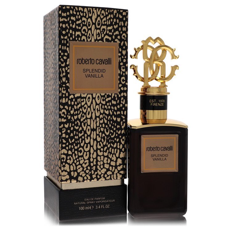 Roberto Cavalli Splendid Vanilla unisex Eau De Parfum spray bottle, 3.4 oz, with elegant packaging and branding details visible.