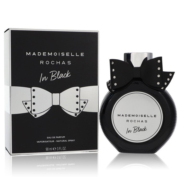 Rochas Mademoiselle Rochas In Black Eau De Parfum spray for women, 3 oz bottle, elegant black packaging visible.