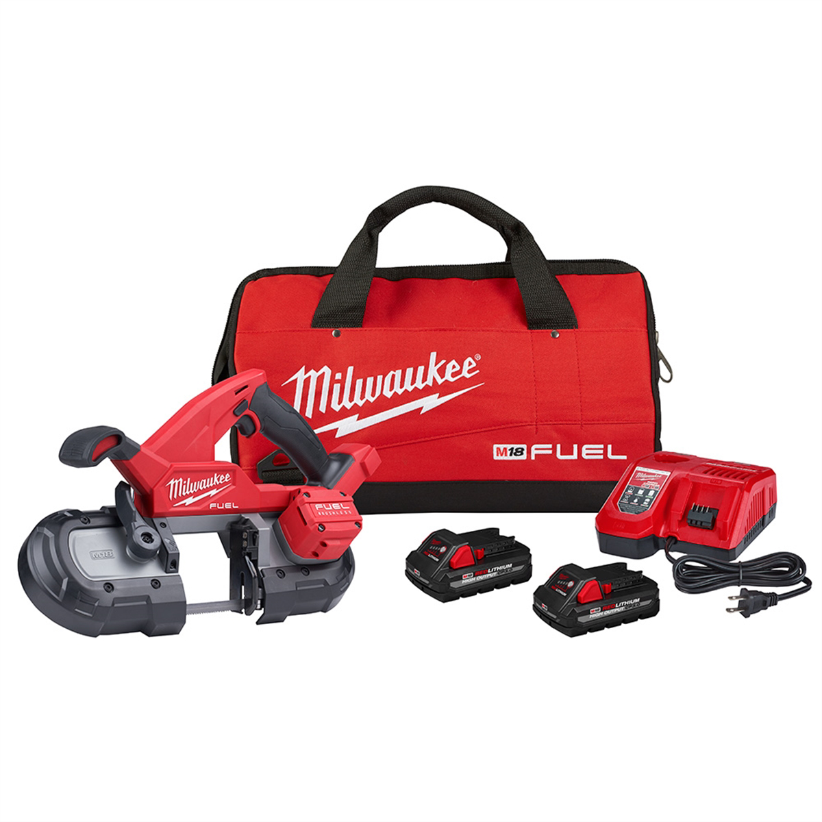 Milwaukee Tool M18 FUEL Compact Band Saw Kit with saw blade and battery, showcased in a detailed product image.
