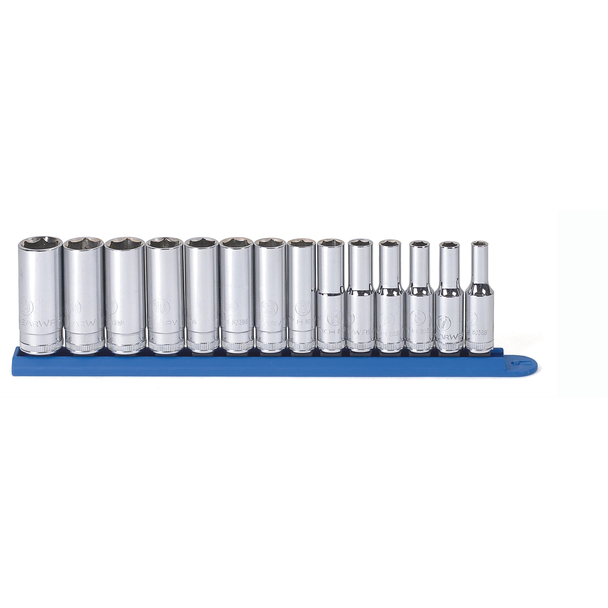 American Smart GearWrench 14-piece 3/8 inch drive deep metric socket set with six-point sockets arranged on a display tray.