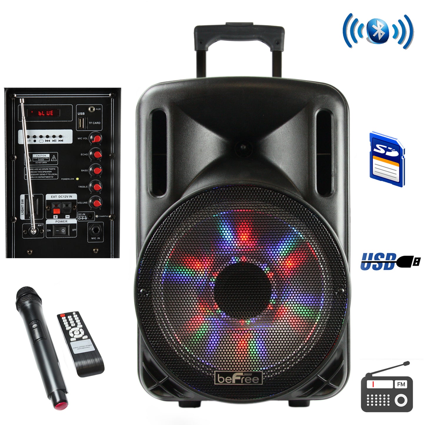 beFree Sound 12 Inch Bluetooth Rechargeable Party Speaker With Illuminatiing Lights - American Smart