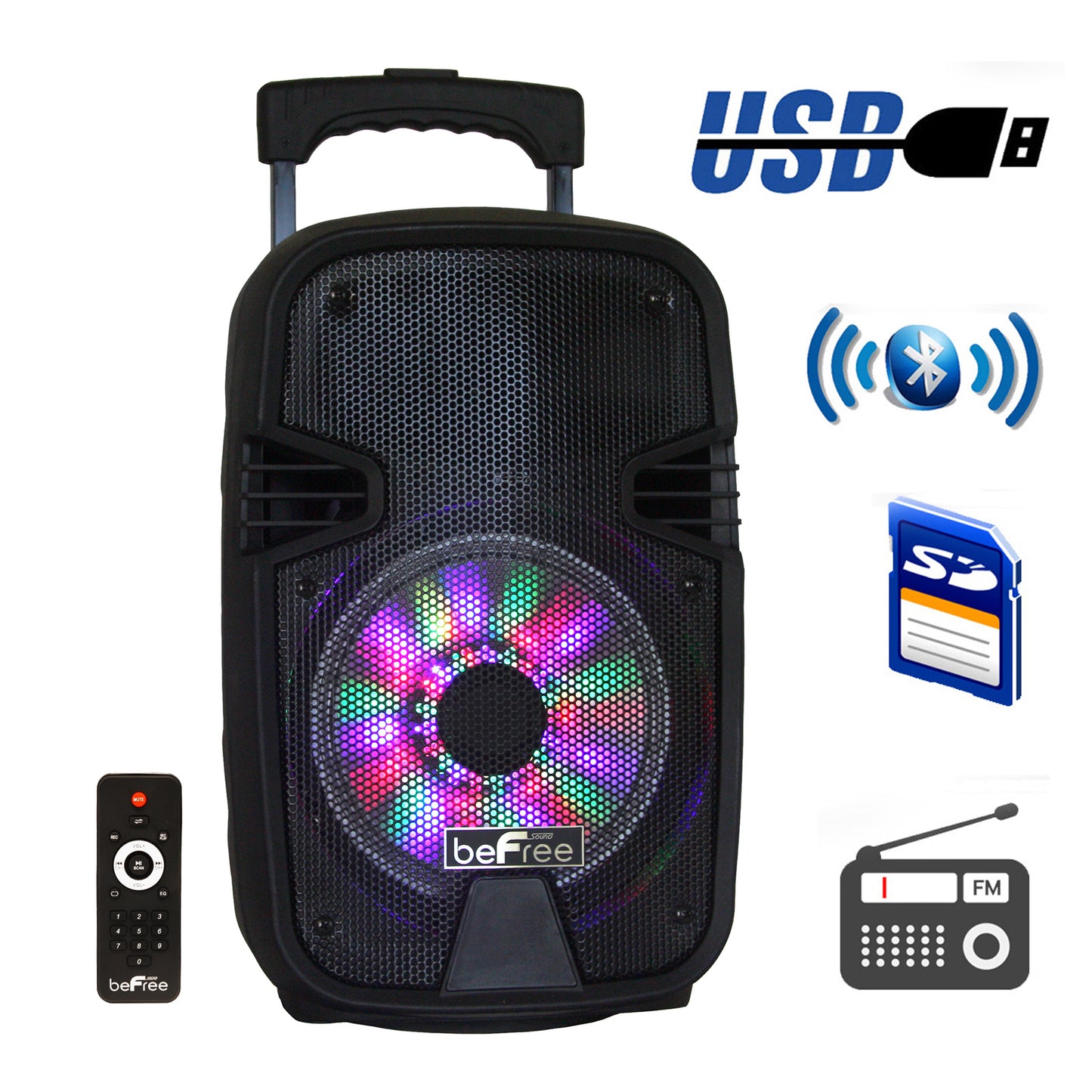 American Smart beFree Sound 8-inch Bluetooth portable party speaker with USB, SD input, and reactive lights, 400W power.
