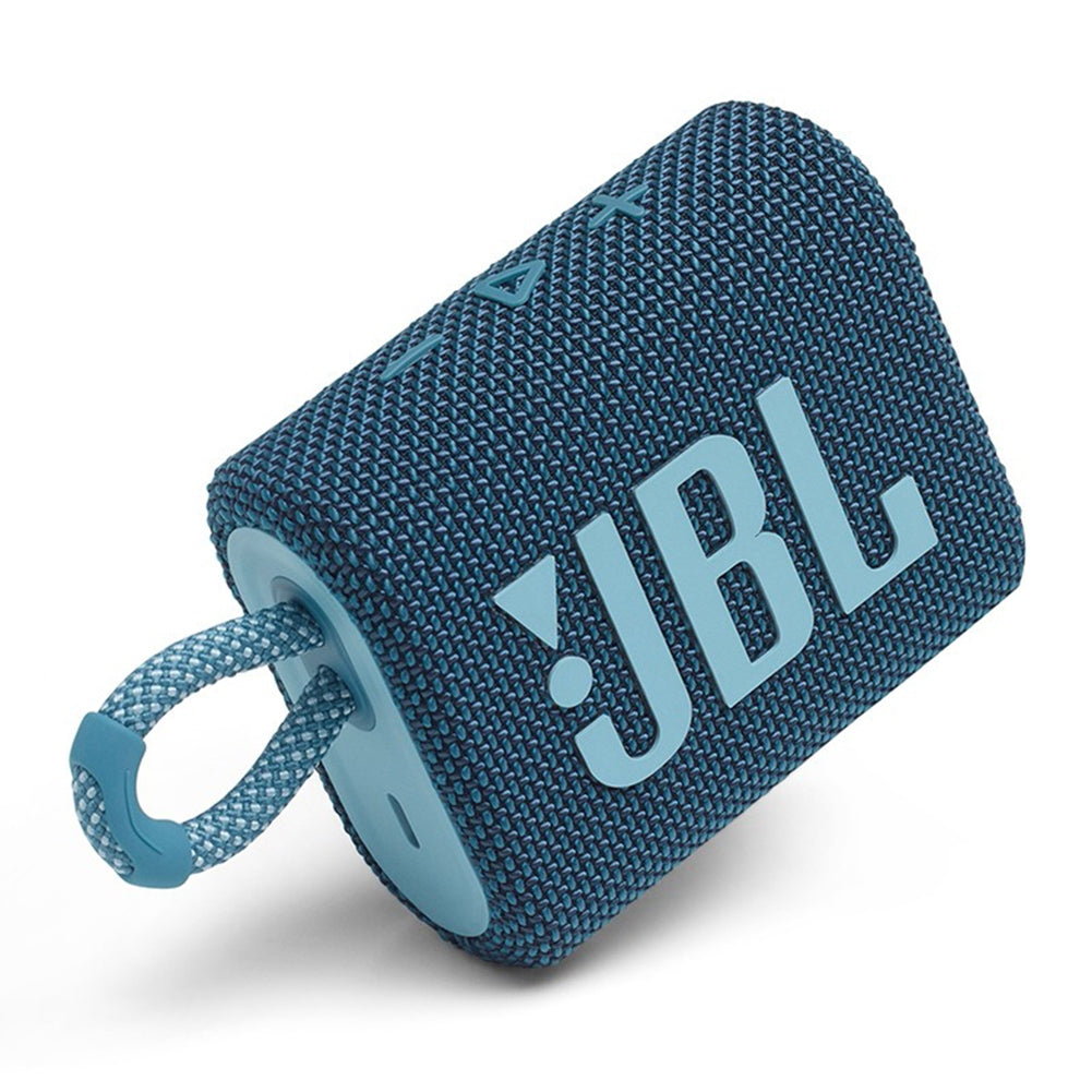 Blue wireless Bluetooth stereo speaker by American Smart WB, waterproof outdoor design with rechargeable battery.