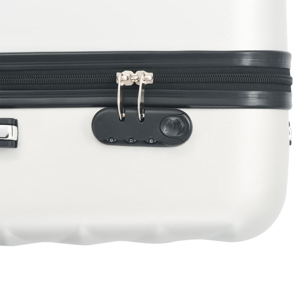 Three-piece Bright Silver ABS American Smart trolley suitcases with hardcase design and sturdy wheels.