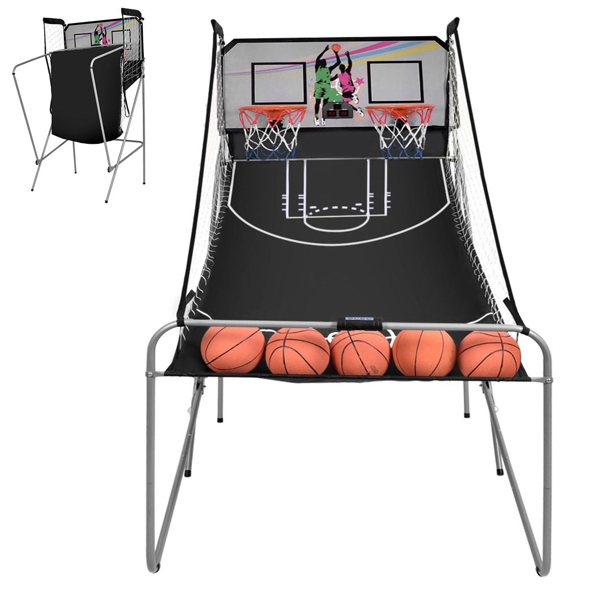 Gray foldable electronic basketball game by American Smart with four balls, designed for indoor play and game room fun.