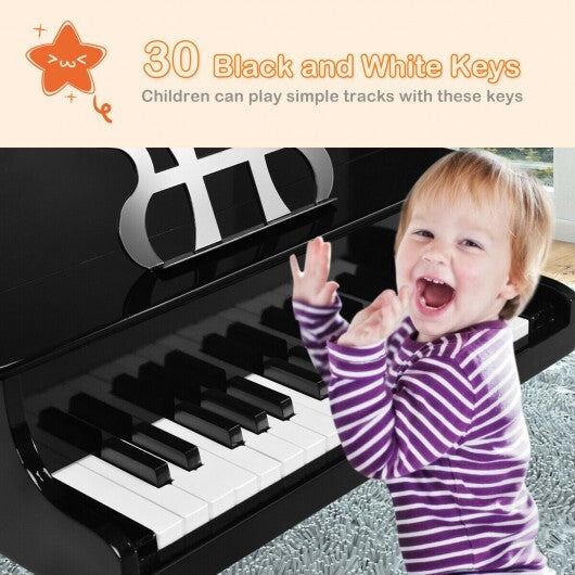 Black 30-key wood toy grand piano with bench and music rack for kids, made by American Smart, in a realistic children's musical instrument design.