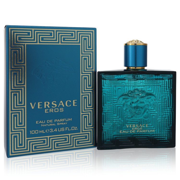 Versace Eros men's eau de parfum spray 3.4 oz with sleek bottle design and vibrant branding, ideal for a sophisticated fragrance.