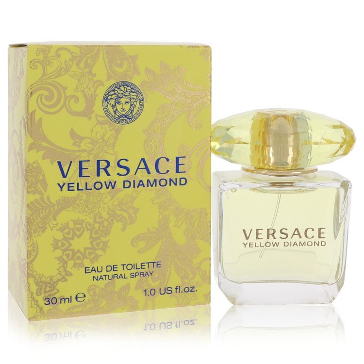 Versace Yellow Diamond Eau de Toilette spray for women, 1 oz bottle, featuring a bright yellow fragrance bottle with Versace branding.