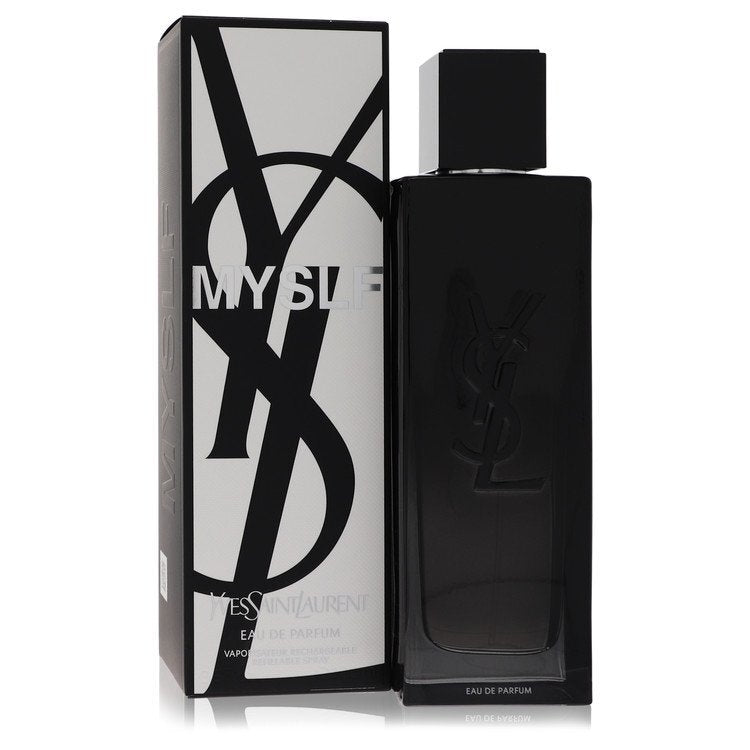 Yves Saint Laurent Myslf Eau De Parfum spray for men, 3.4 oz, refillable bottle, stylish design, brand logo visible.