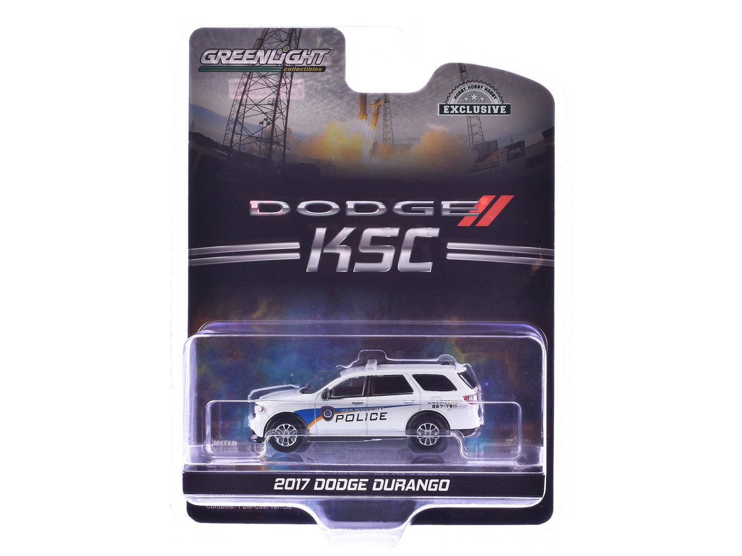 White 2017 Dodge Durango diecast model by Greenlight, featuring Kennedy Space Center security police graphics, Hobby Exclusive series.