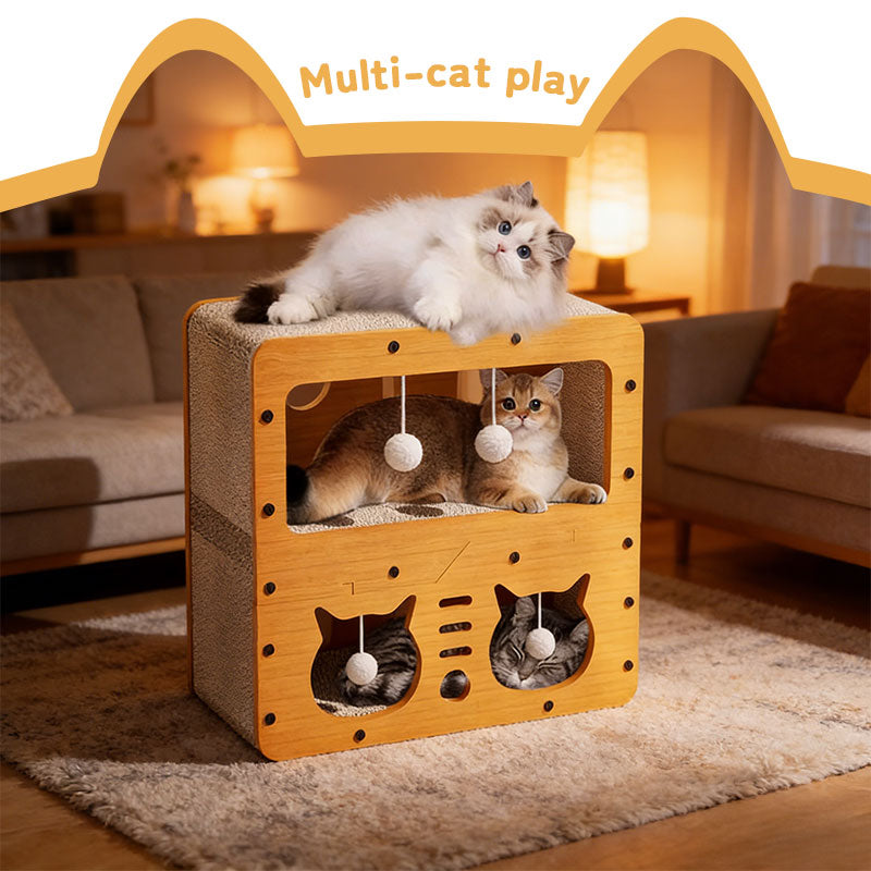 Eco-friendly cardboard 3-in-1 cat house, bed, and scratch post with multi-layer structure for comfortable feline lounging and scratching.
