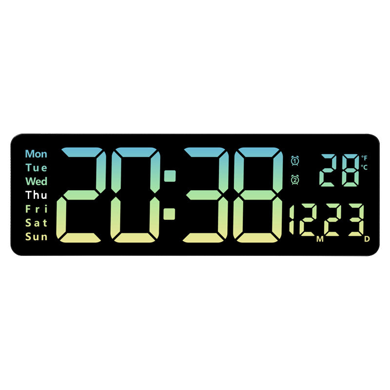 Large LED digital wall clock by eprolo with remote control, temperature, date, week display, timer, and dual alarms.
