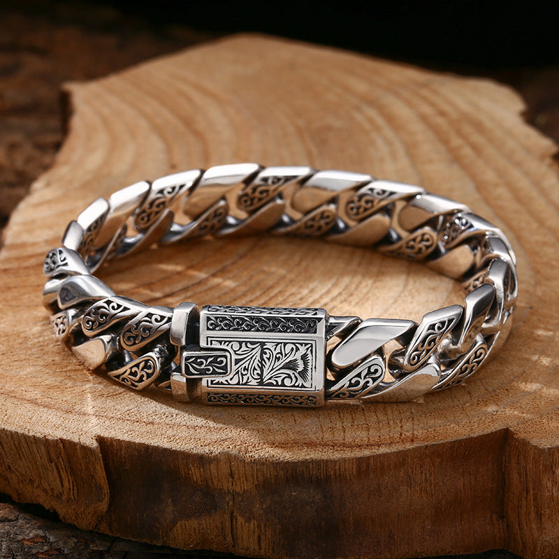 925 Silver Bracelet Pattern Cuban Link Thick Men's Thai Silver Vintage Oxidized Jewelry - American Smart