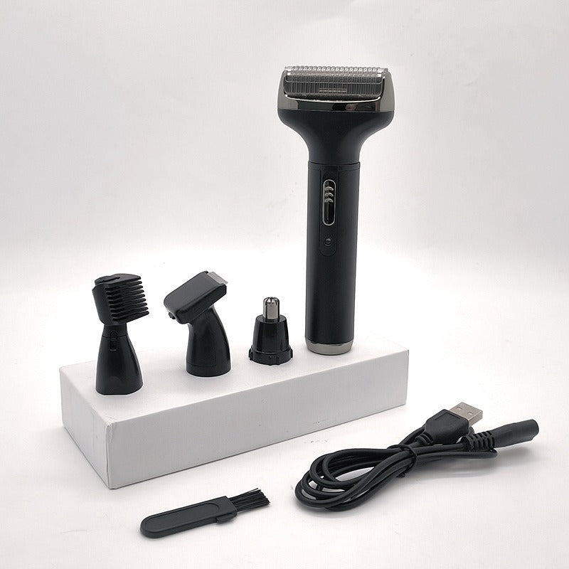 eprolo men's 4-in-1 electric trimmer set with nose hair, sideburns, knife, and eyebrow grooming tools, displayed with attachments