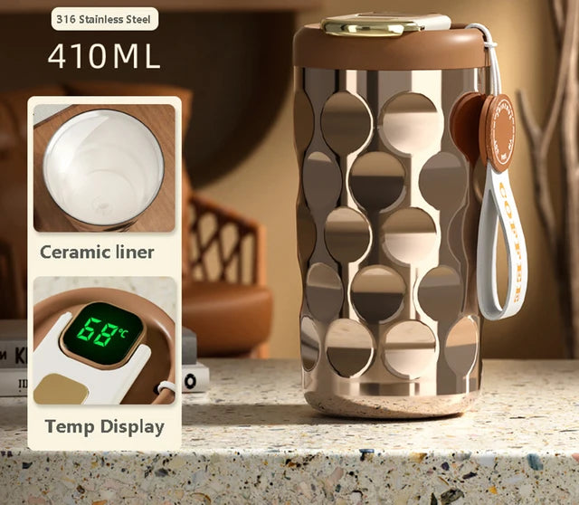 Eprolo LED temperature display insulated stainless steel coffee cup, 410ml vacuum bottle with intelligent temperature indicator