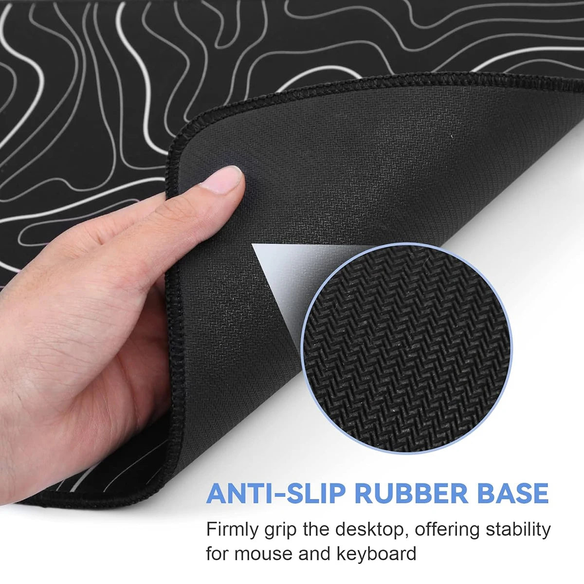 Large black and white eprolo gaming mouse pad with topographic design, 31.5 x 11.8 inches, anti-slip bottom for keyboard and mouse.