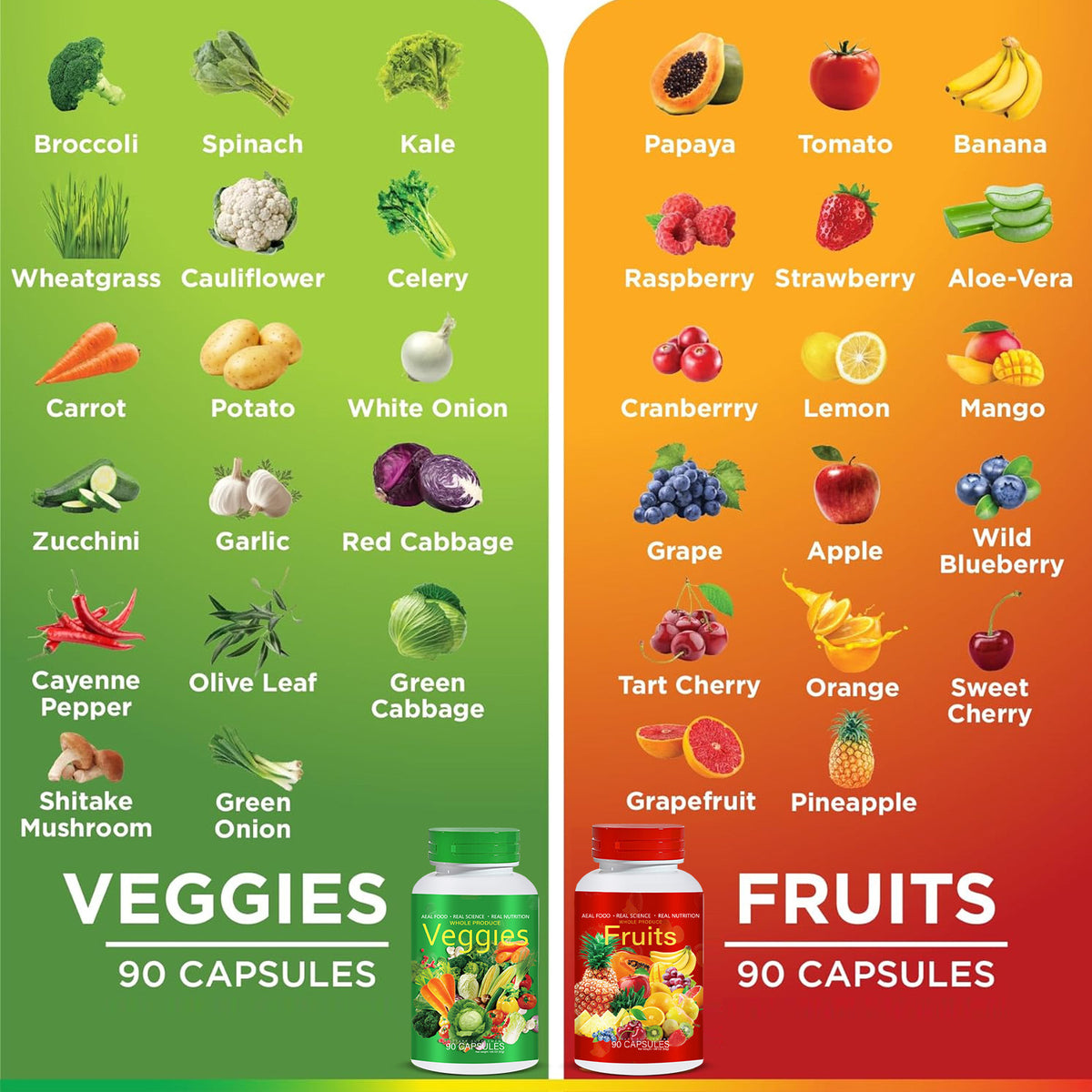Eprolo Fruits and Vegetables capsules in a bottle, showing colorful capsules filled with fruit and vegetable extracts.