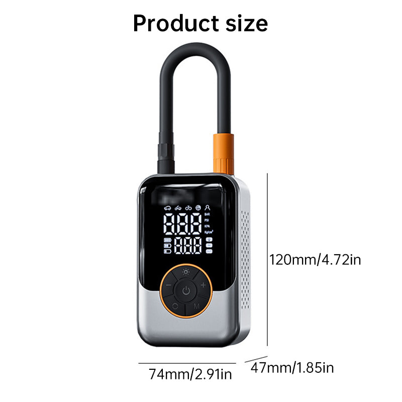 eprolo portable wireless inflator for tires and sports balls, compact device with digital pressure gauge in black and silver.