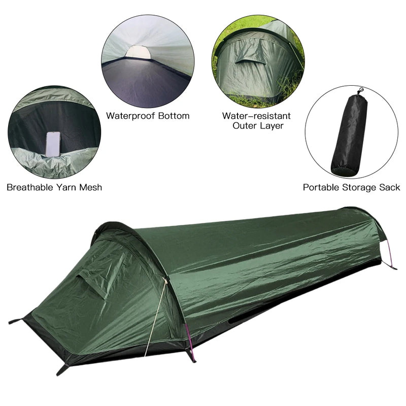 Eprolo ultralight single person camping tent with waterproof fabric, compact design, and spacious interior for outdoor backpacking.