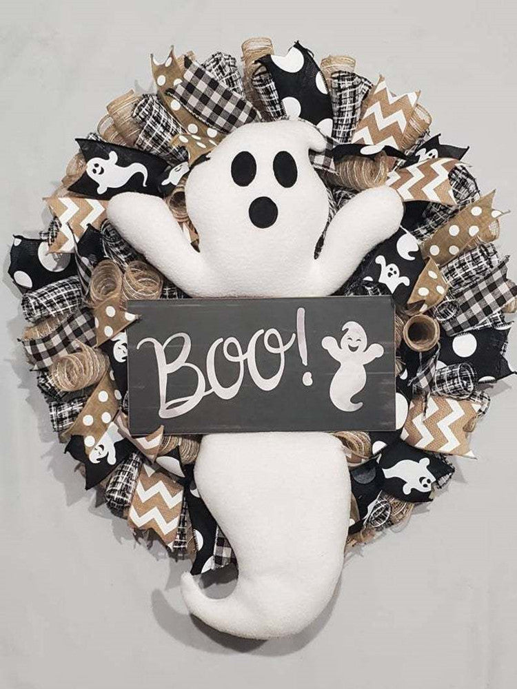 Cute Halloween ghost wreath with Boo design, perfect for door or window decoration, by eprolo, featuring festive ghost scene props.