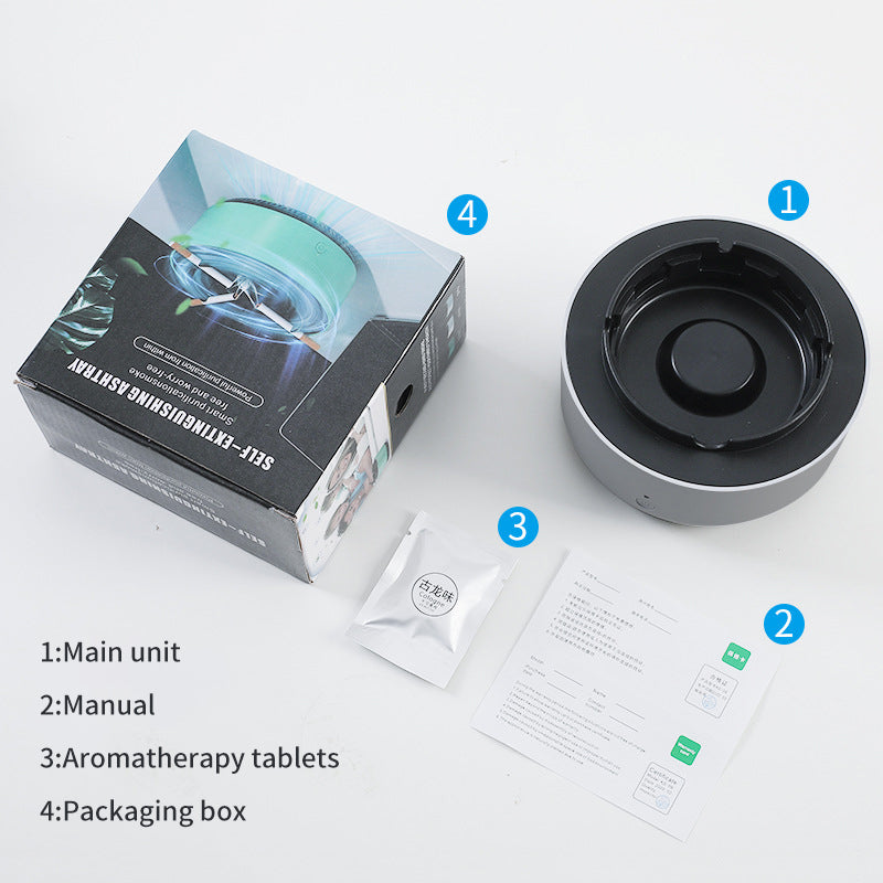 Eprolo ashtray air purifier removing secondhand smoke in a living room, compact indoor air cleaner for smoke and odor elimination.