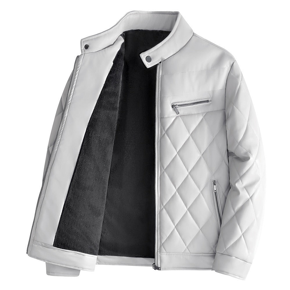 Beige men's PU leather cotton winter jacket with velvet lining, thick leather-style fabric, Korean youth motorcycle style by eprolo