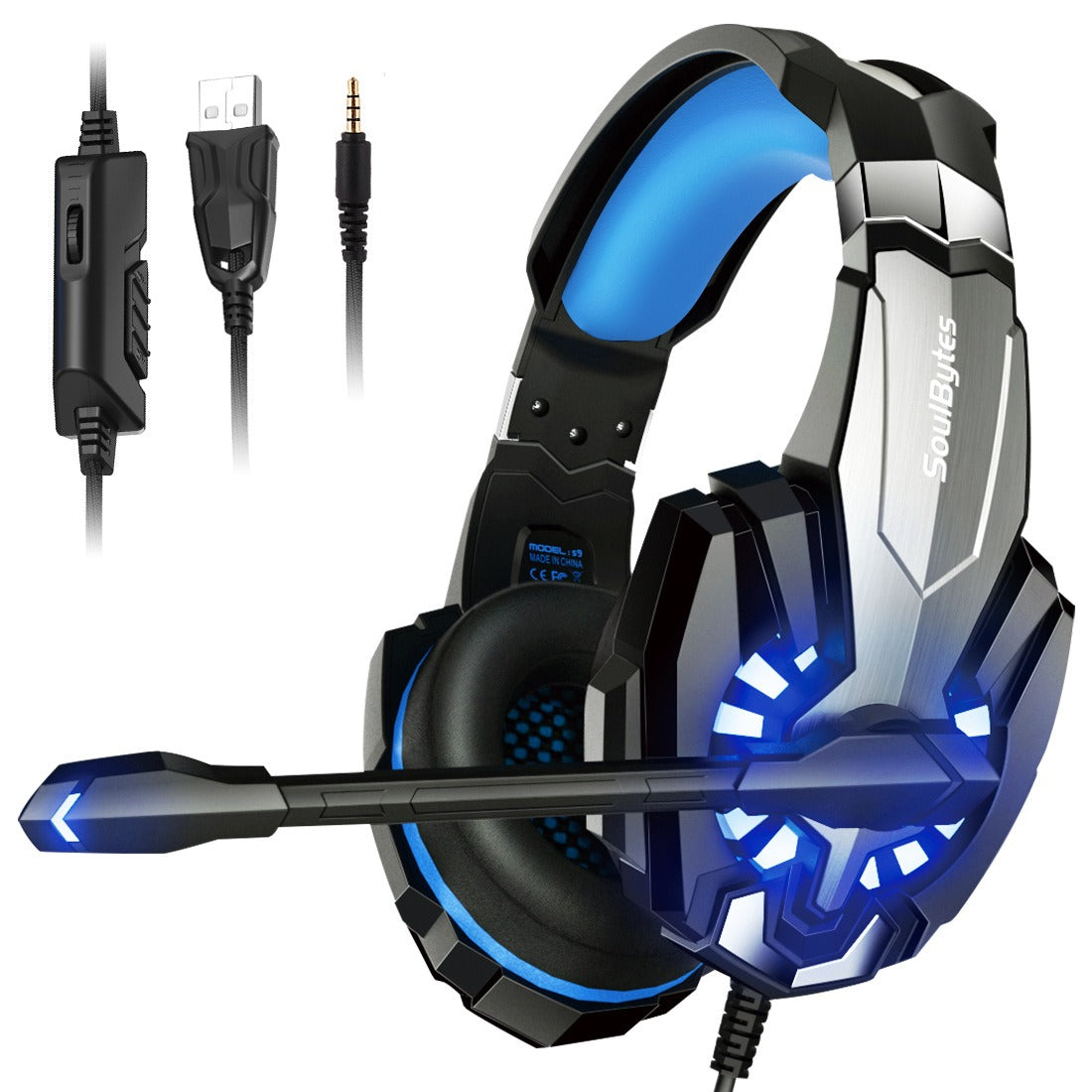 Wired luminous S9 gaming earphones by eprolo, mounted on a head for esports, compatible with PS4 and gaming computers.