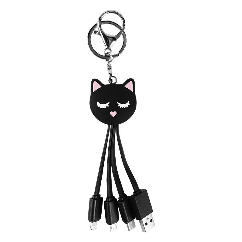 Cartoon Black Cat 3-in-1 Data Cable Cute Key Portable One to Three Charging Cable Suitable for Apple and Huawei - American Smart