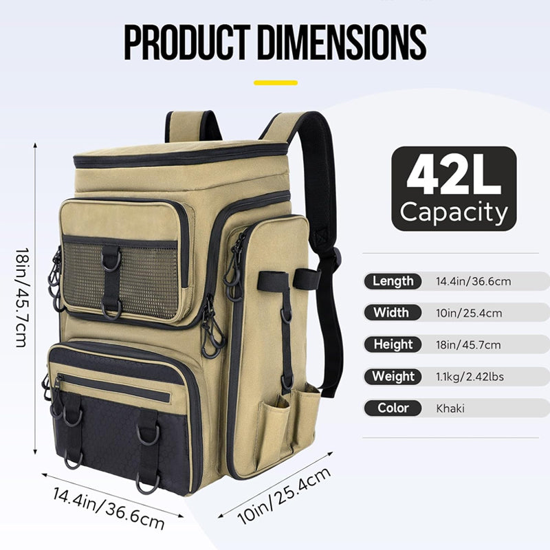 Eprolo fishing backpack with rod holder, tackle organizer box, and hiking storage for outdoor anglers.