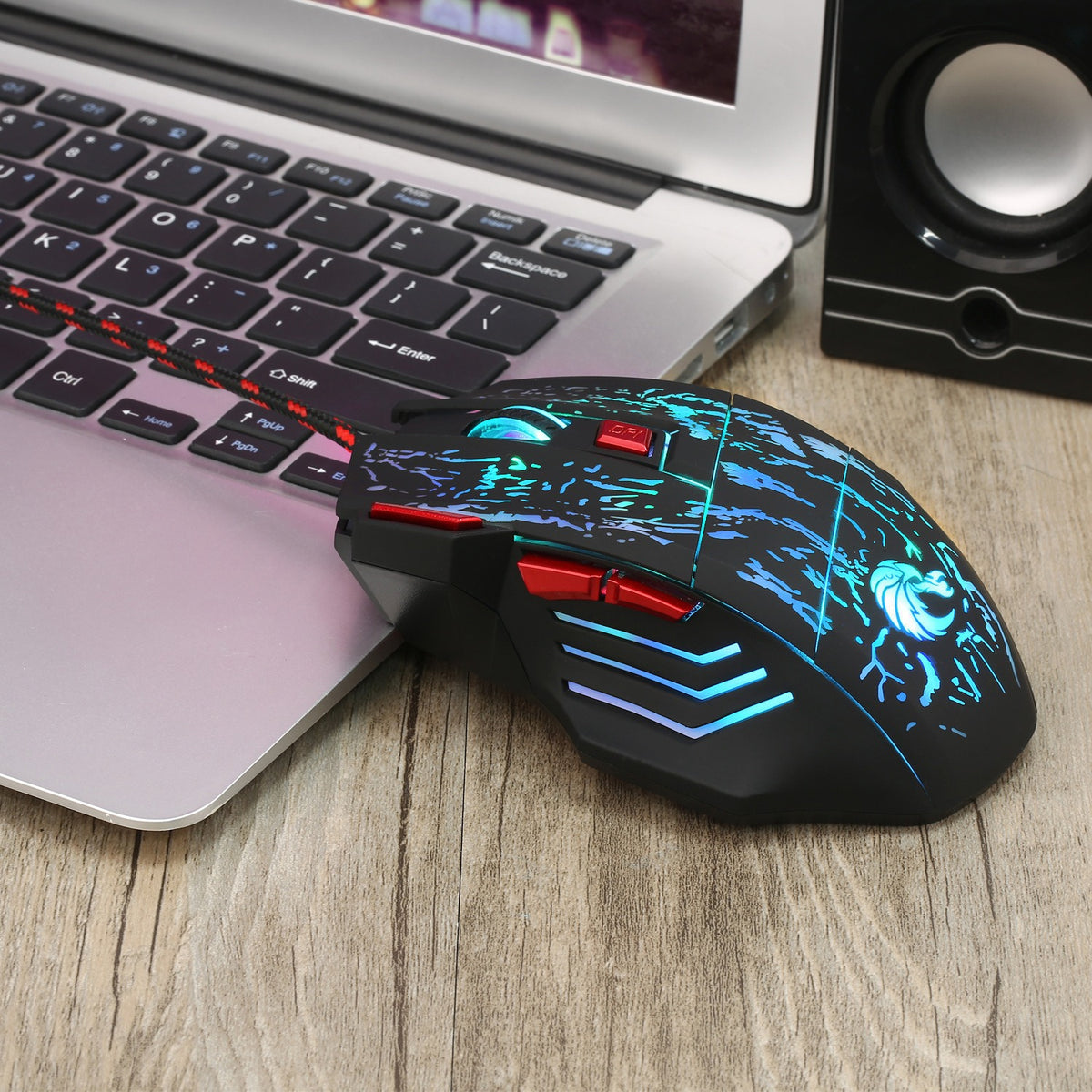 Colorful luminous wired gaming mouse with crack design and blaze bird logo, ideal for gaming setups and eprolo brand enthusiasts.