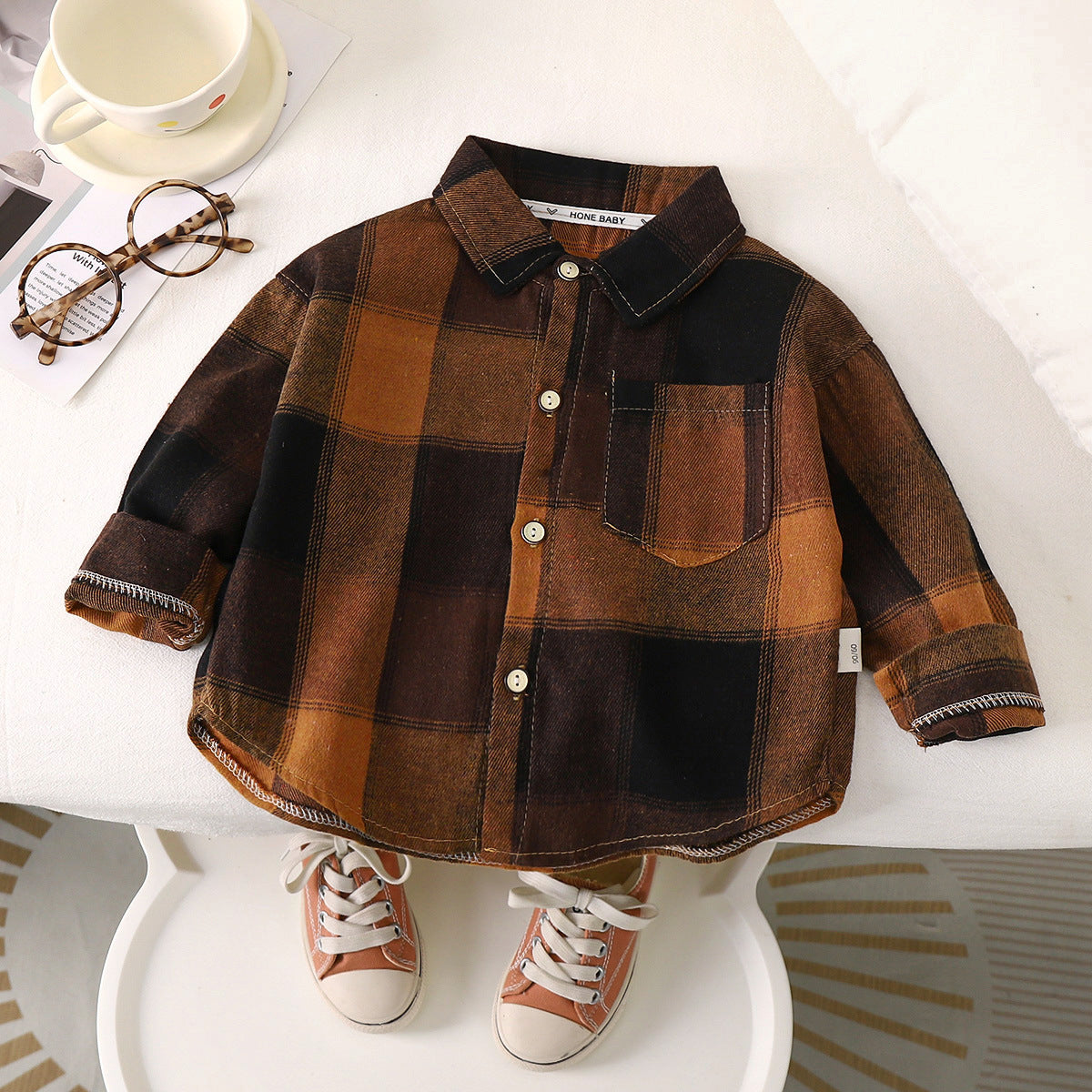 Toddler boys plaid cotton long sleeve shirt by eprolo with contrast details, turn-down collar, suitable as casual outwear for infants and kids.
