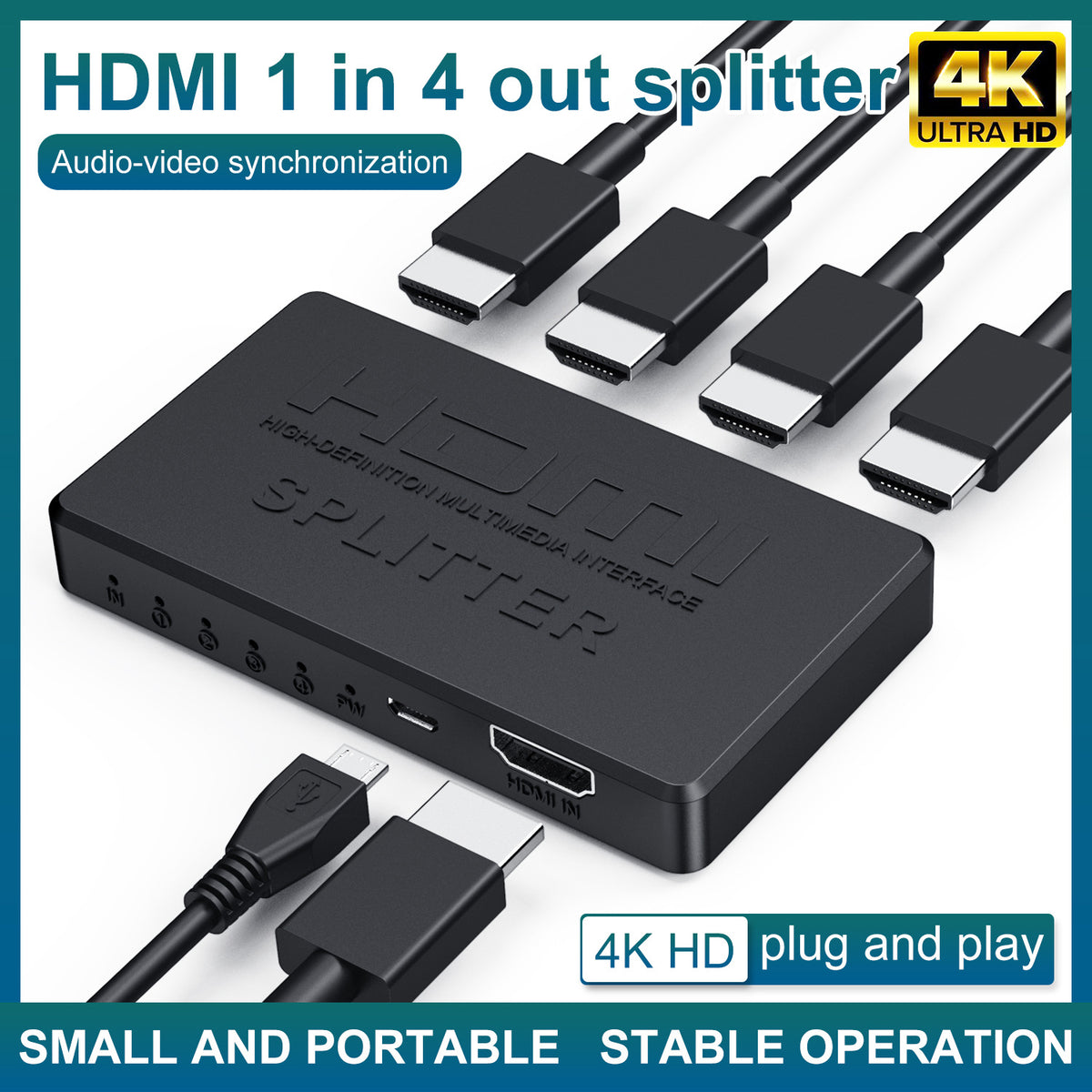 eprolo 4K mini HDMI splitter 1x4 distributes HD video signal to multiple screens from a single HDMI source.