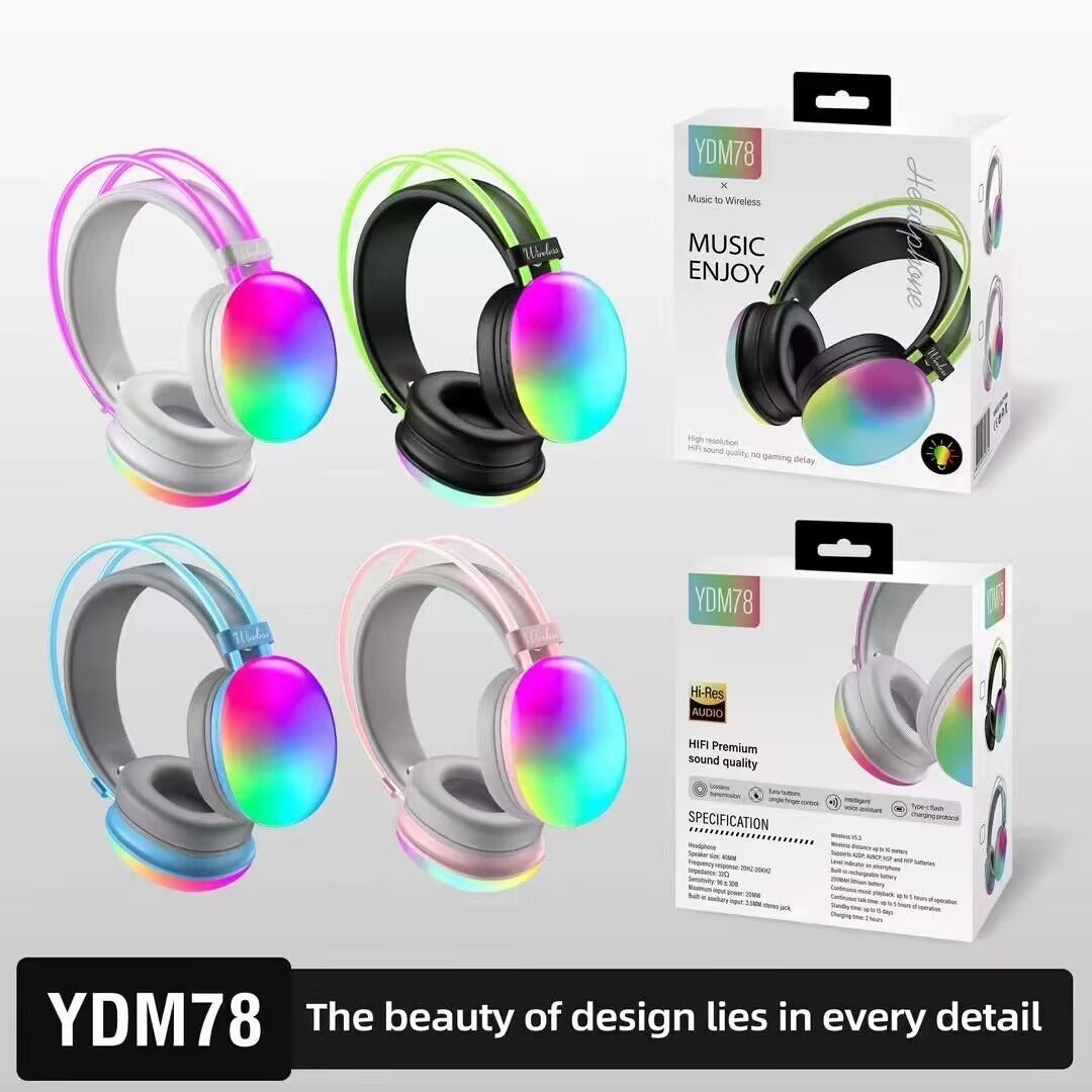Eprolo YDM78 Bluetooth headset with luminous head-mounted design, wireless gaming earphones with built-in microphone and adjustable fit