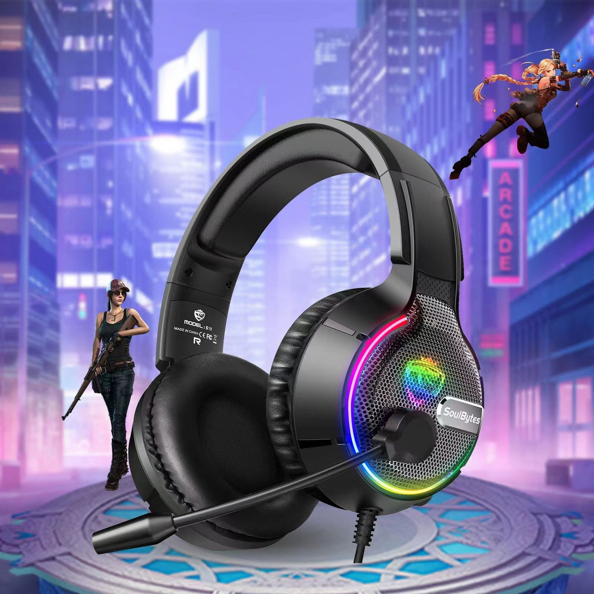 Eprolo Soulbytes S19 wired gaming headset with RGB lighting, head-mounted design, adjustable microphone, and comfortable ear cushions.