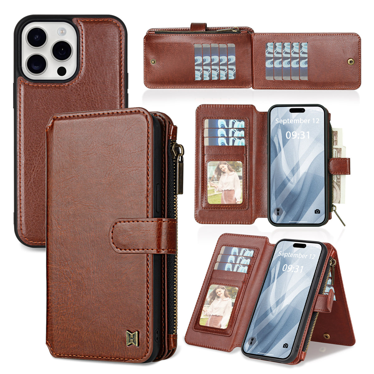 Eprolo iPhone 15 Pro leather wallet case with detachable magnetic protective cover, featuring card slots and sleek design.