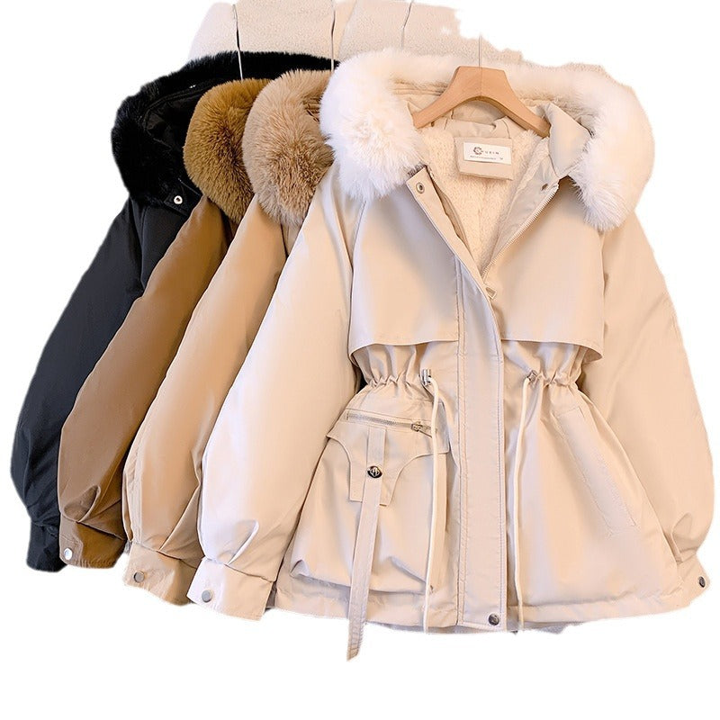 Black eprolo thin down cotton jacket with thick fur and integrated fur for fashionable winter warmth.
