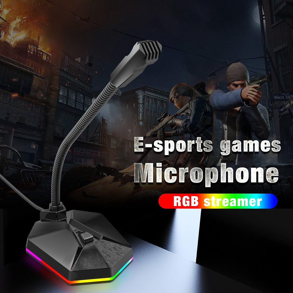 Eprolo RGB luminous bendable USB microphone for voice chat and video conferencing, with no drive needed, shown in the image.