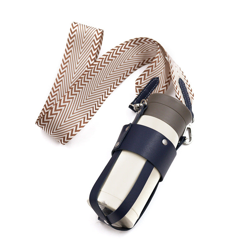Eprolo outdoor insulated stainless steel cup with diagonal cover and detachable woven shoulder strap for portable hydration.