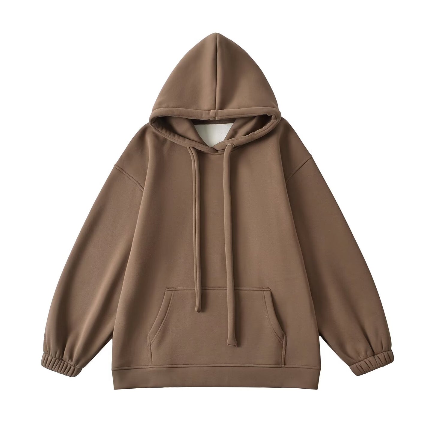 Loose eprolo hooded sweatshirt with drawstring and front pocket, made of soft fabric, shown on a hanger.