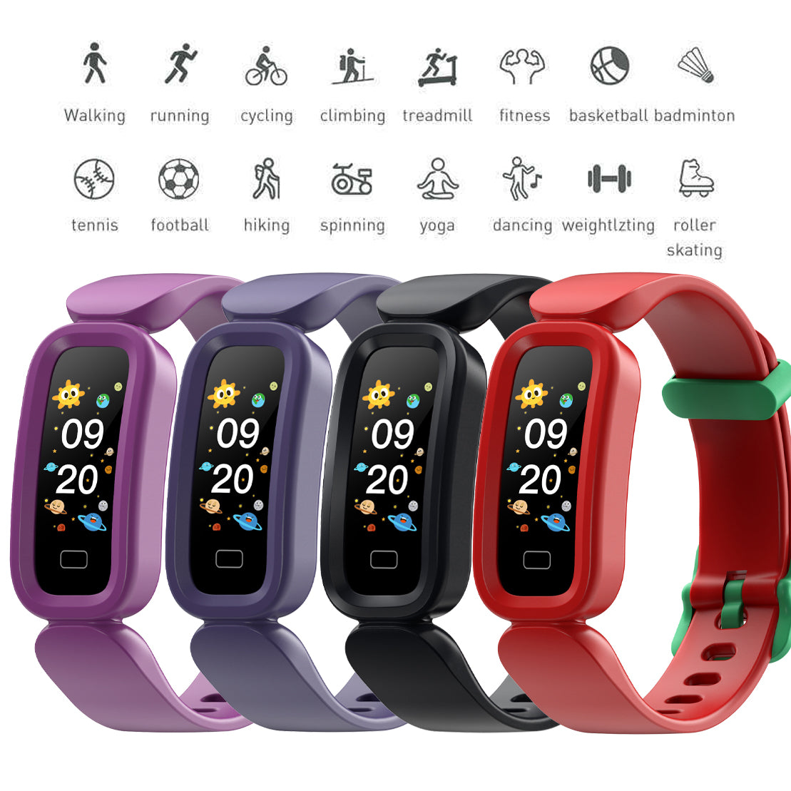 eprolo S90 smart children's bracelet with alarm clock, heart rate monitor, sleep tracker, Bluetooth, and pedometer features.